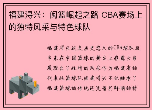 福建浔兴：闽篮崛起之路 CBA赛场上的独特风采与特色球队