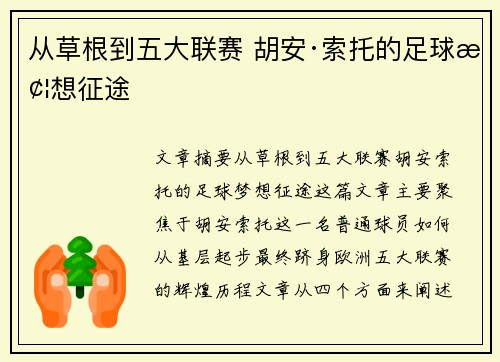 从草根到五大联赛 胡安·索托的足球梦想征途
