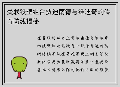 曼联铁壁组合费迪南德与维迪奇的传奇防线揭秘