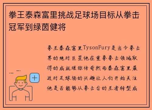 拳王泰森富里挑战足球场目标从拳击冠军到绿茵健将